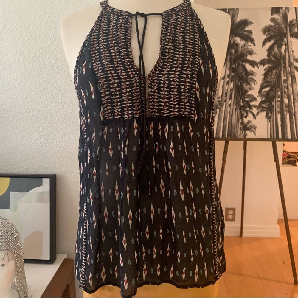 Joie Sleeveless Silk Tie Neck Halter Top with tassels and racerback style back.